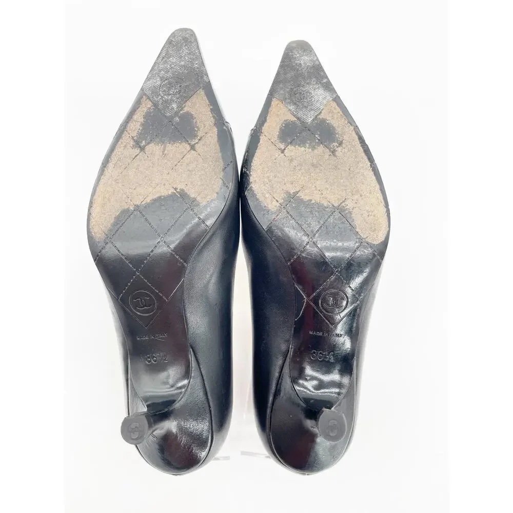 Chanel Vintage Black Leather Cap Toe CC Logo Kitten Heel Pointed Pumps EU 36.5